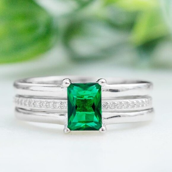 Emerald Green 2 Piece Ring set, real 925 Sterling Silver Charmed Aroma - Picture 4 of 4